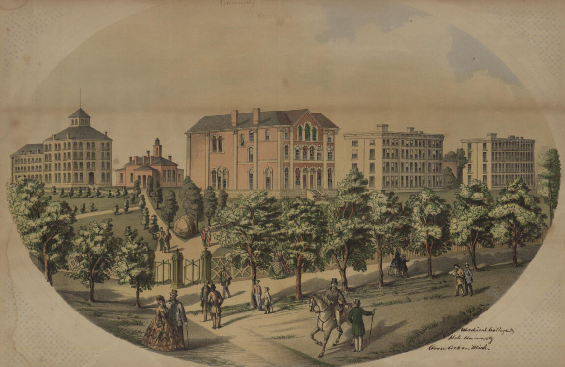 A lithograph of the University of Michigan campus looking from the northwest ca. 1865-74.