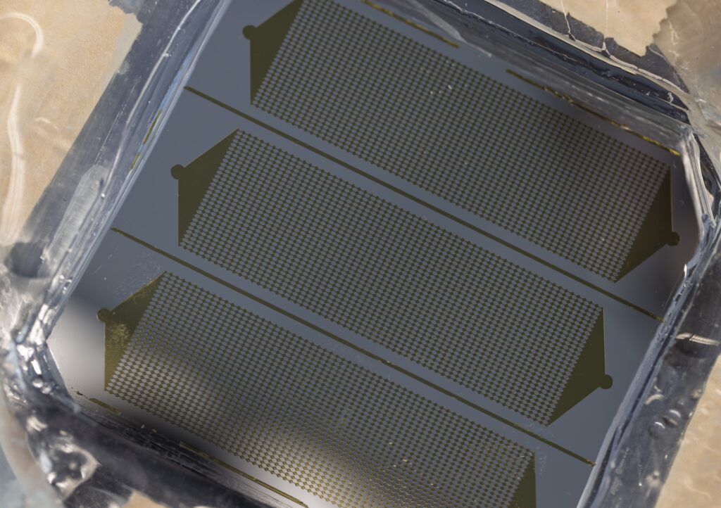 The microwell structure in the GlioExoChip designed at U-M, and used by the U-M/Northwestern team to discover whether a brain cancer treatment was working, is shown in close-up. The half-a-millimeter-wide wells are coated with a molecule that grabs onto a lipid, or fat molecule, that appears on the surface of extracellular vesicles sent out by glioblastoma tumor cells. Image credit: Jeremy Little/Michigan Engineering