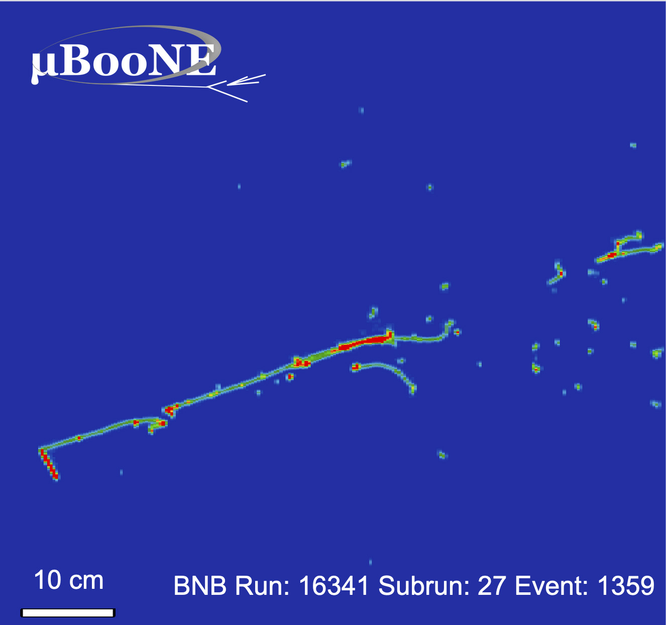 A few green and red lines and dots spatter an otherwise blue background, revealing the tracks of particles created from a neutrino collision inside MicroBooNE's detector. A scale bar shows the tracks are on the order of tens of centimeters; the spots are much less. This result is from the 1,359th event spotted during the 27th subrun of the 16,341st run of the booster neutrino beam, or BNB.