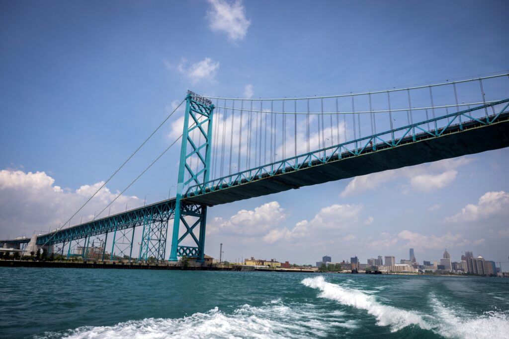The Ambassador Bridge viewed from the Detroit River. The bridge allows people and goods to cross between southeast Michigan and Canada. Image credit: Marcin Szczepanski, Michigan Engineering.