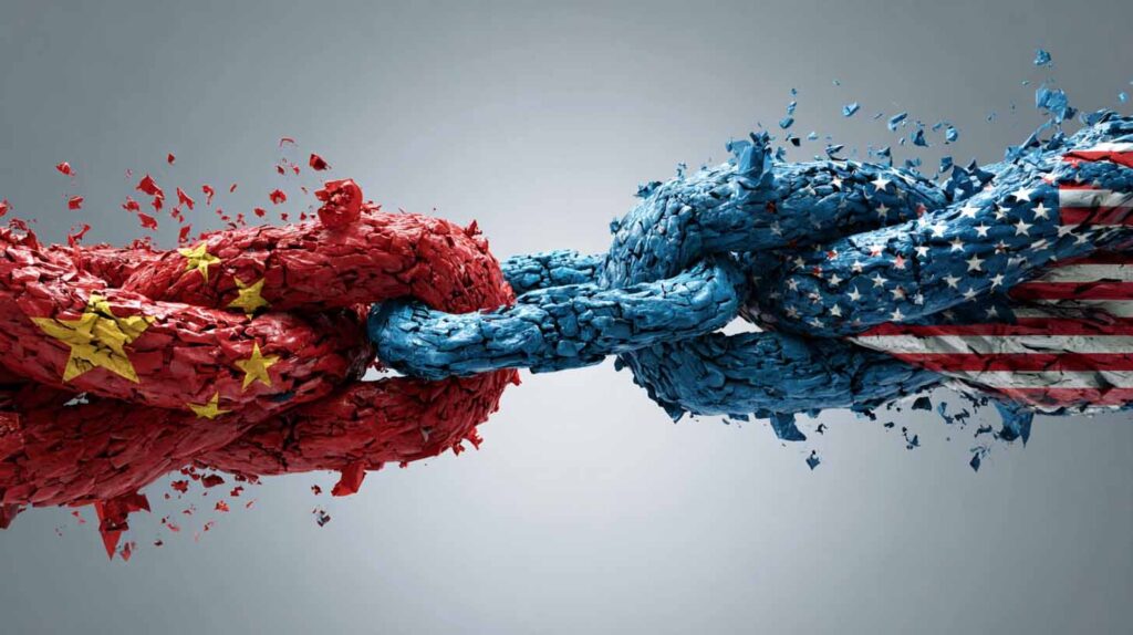 Concept illustration of a tug-of-war between China and the U.S. Image credit: Nicole Smith, made with Midjourney