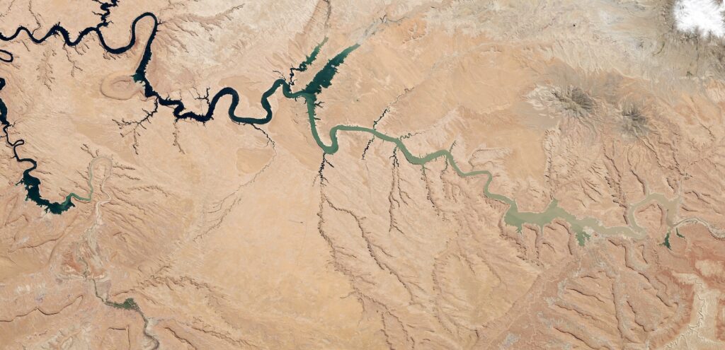 Dark blue-green water is unmistakable in the top left corner of this satellite image showing the tentacle-like path of Lake Powell against the dry brown background near the border of Utah and Arizona. As the lake snakes to the right of the image, though, the color lightens to green and eventually white.