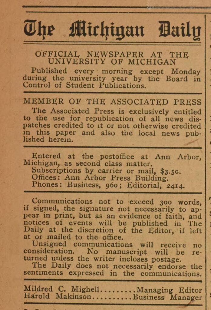 The Michigan Daily masthead, with Michell listed as managing editor, in the fall of 1918.