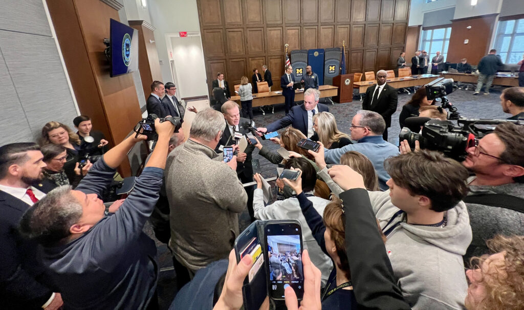 Media members surround President-elect Kent Syverud