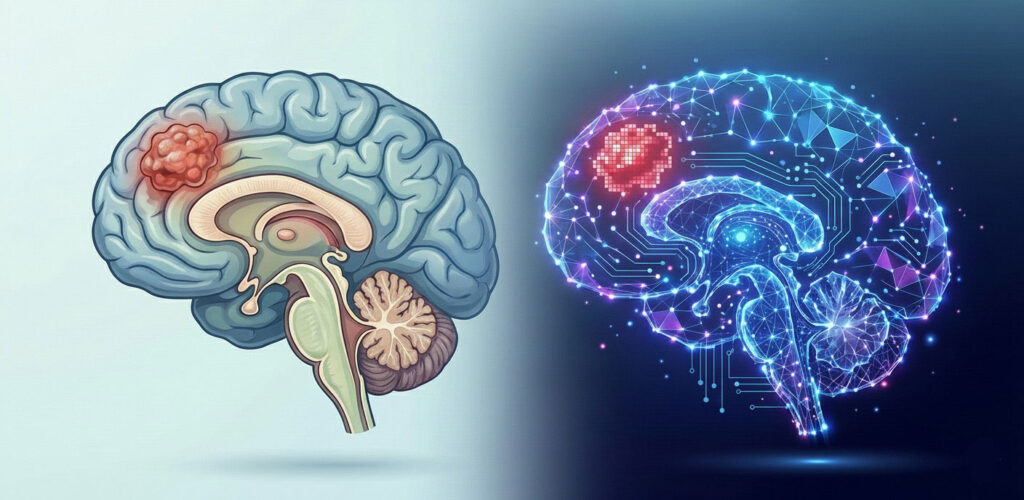 Left: a brain in the style of a medical illustration with the tumor in the frontal cortex. Right: the same brain in a 'digital' illustration style contains a pixelated tumor in the same spot.