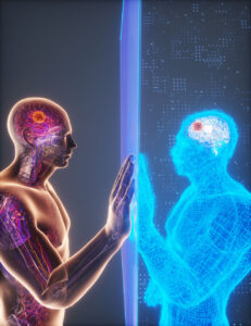 The digital twin is the mirror image of the illustrated man, each shown with a tumor in his brain and a palm pressed to the wall that divides them.