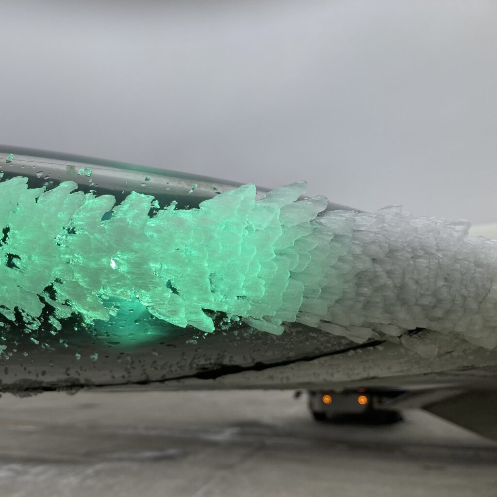 Ice build-up on the wing of a commercial airplane. Ice can impair airplane performance, increasing the risk of crashes. Image courtesy: Nilton Renno, University of Michigan.