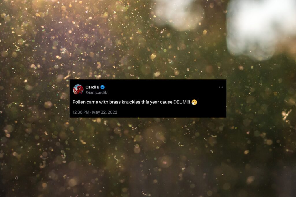 A tweet from Cardi B in May of 2022 reads "Pollen came with brass knuckles this year cause DEUM!" The tweet floats over a background showing yellow and white pollen particles floating in the air against blurry sunlit foliage in the background.