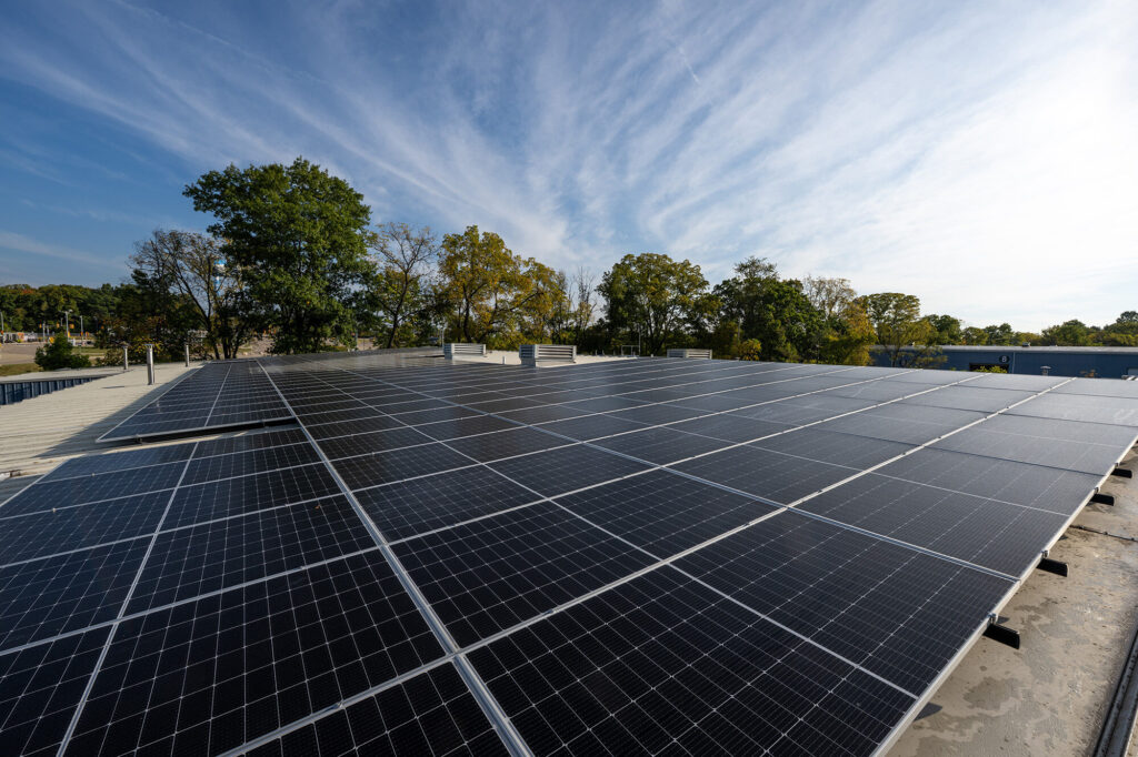 Two solar arrays located at the North Campus Facilities Services Building are operational. Image credit: Eric Bronson, Michigan Photography